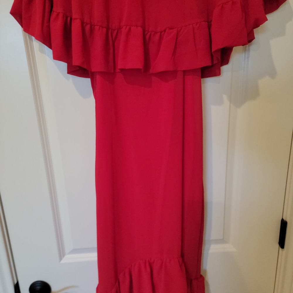 Cosmina Womens Red Ruffle Tiered Maxi Dress Size L Sheer Overlay New - Picture 4 of 11